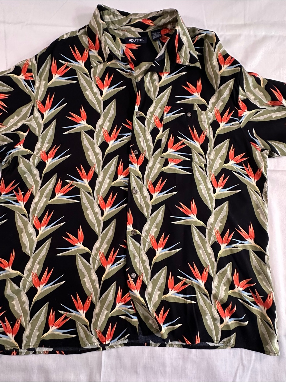 Puritan Black Tropical Floral Button-Down Shirt with Orange & Green Print